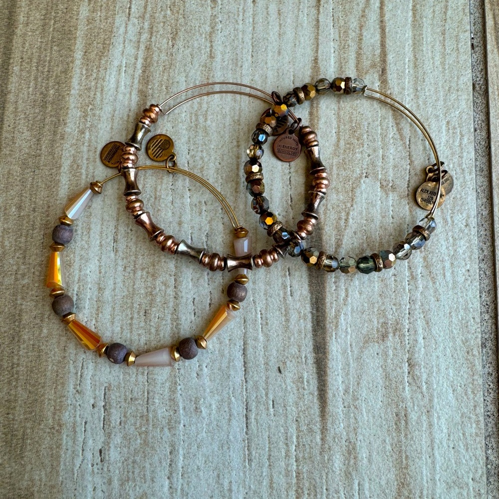 Alex and Ani Set of 3 Expandable Wire Bangle Bracelets Crystal Beaded Stack